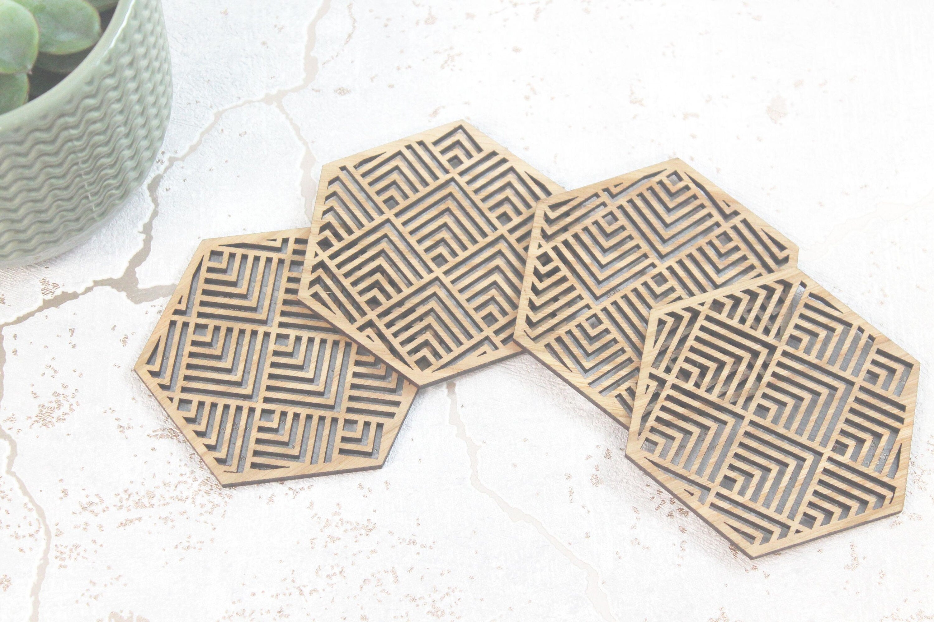 Buena Mexican Geometric Coasters Set of 4 Laser Cut Oak Wood