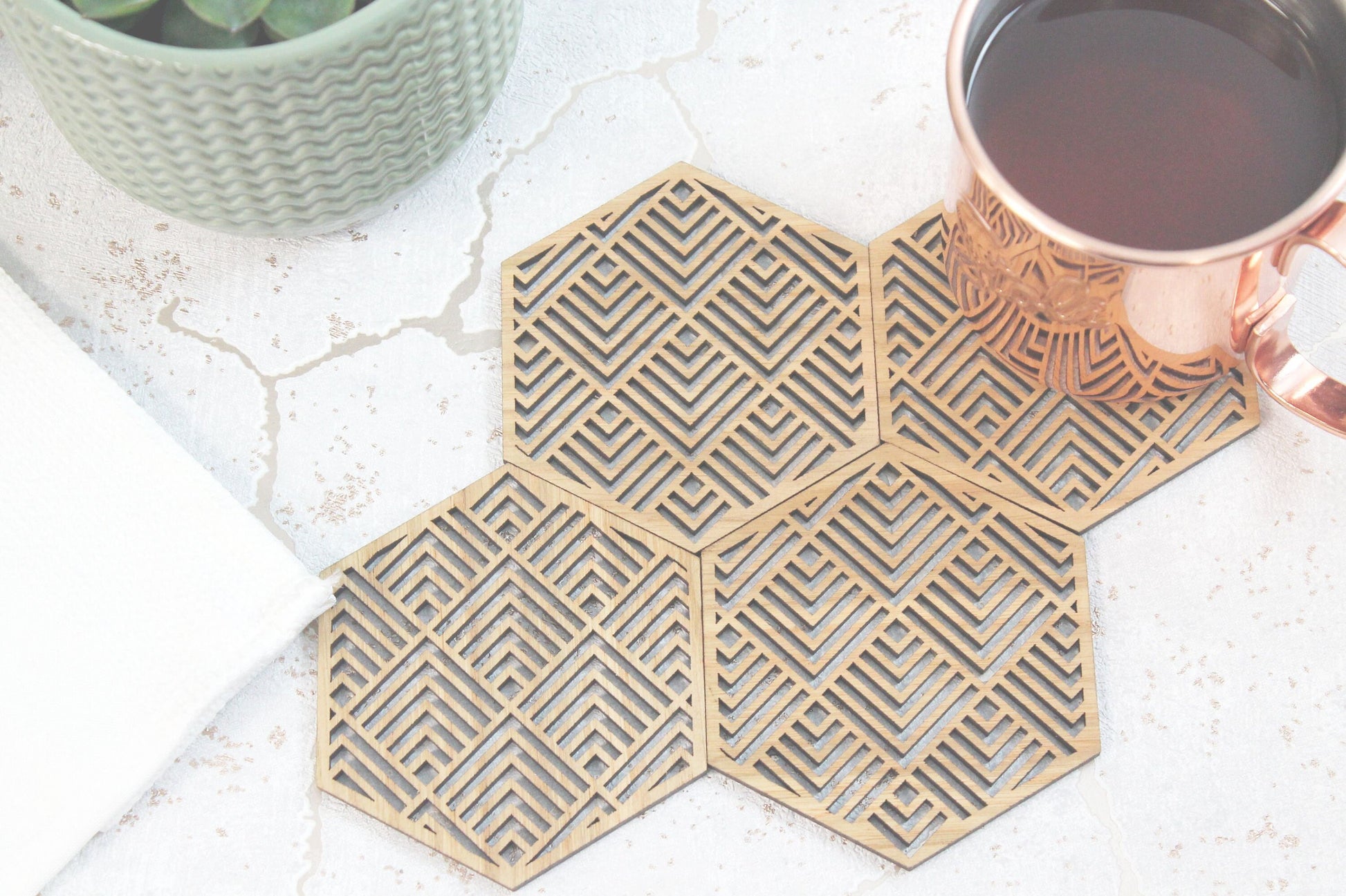 Buena Mexican Geometric Coasters Set of 4 Laser Cut Oak Wood