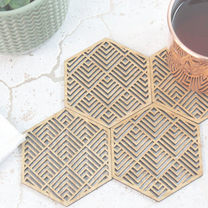 Buena Mexican Geometric Coasters Set of 4 Laser Cut Oak Wood