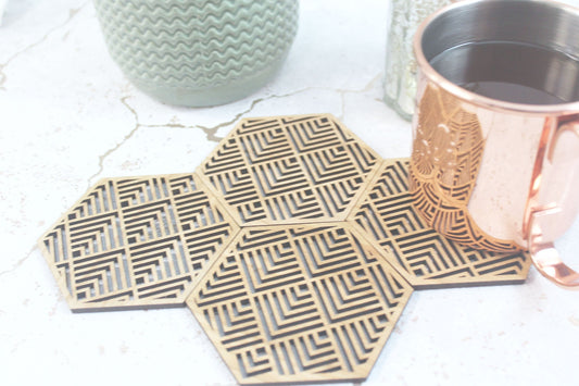 Buena Mexican Geometric Coasters Set of 4 Laser Cut Oak Wood