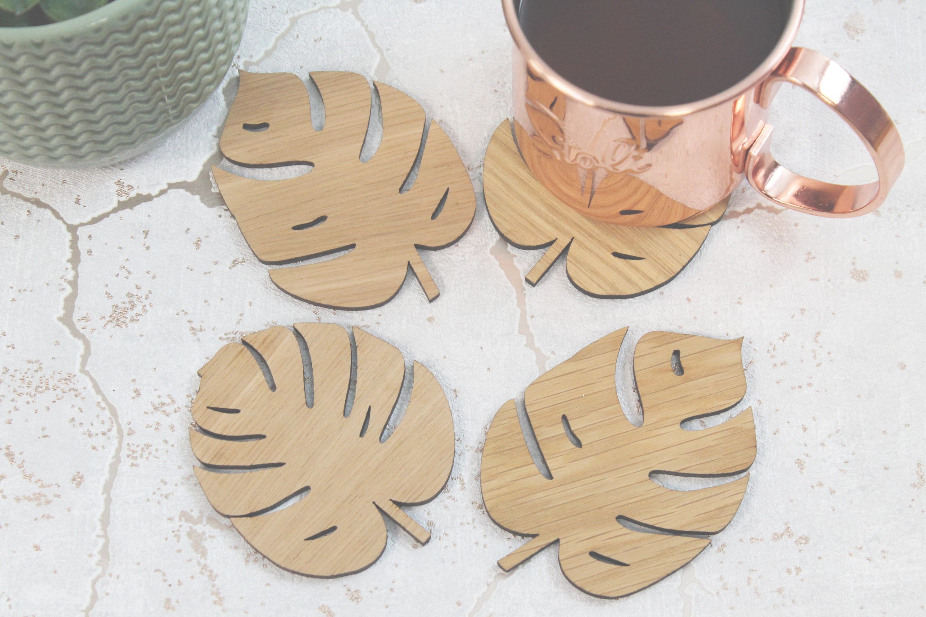Monstera Leaf, Palm Leaf Style Natural Pattern Laser Cut Coasters Set of 4
