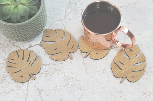 Monstera Leaf, Palm Leaf Style Natural Pattern Laser Cut Coasters Set of 4