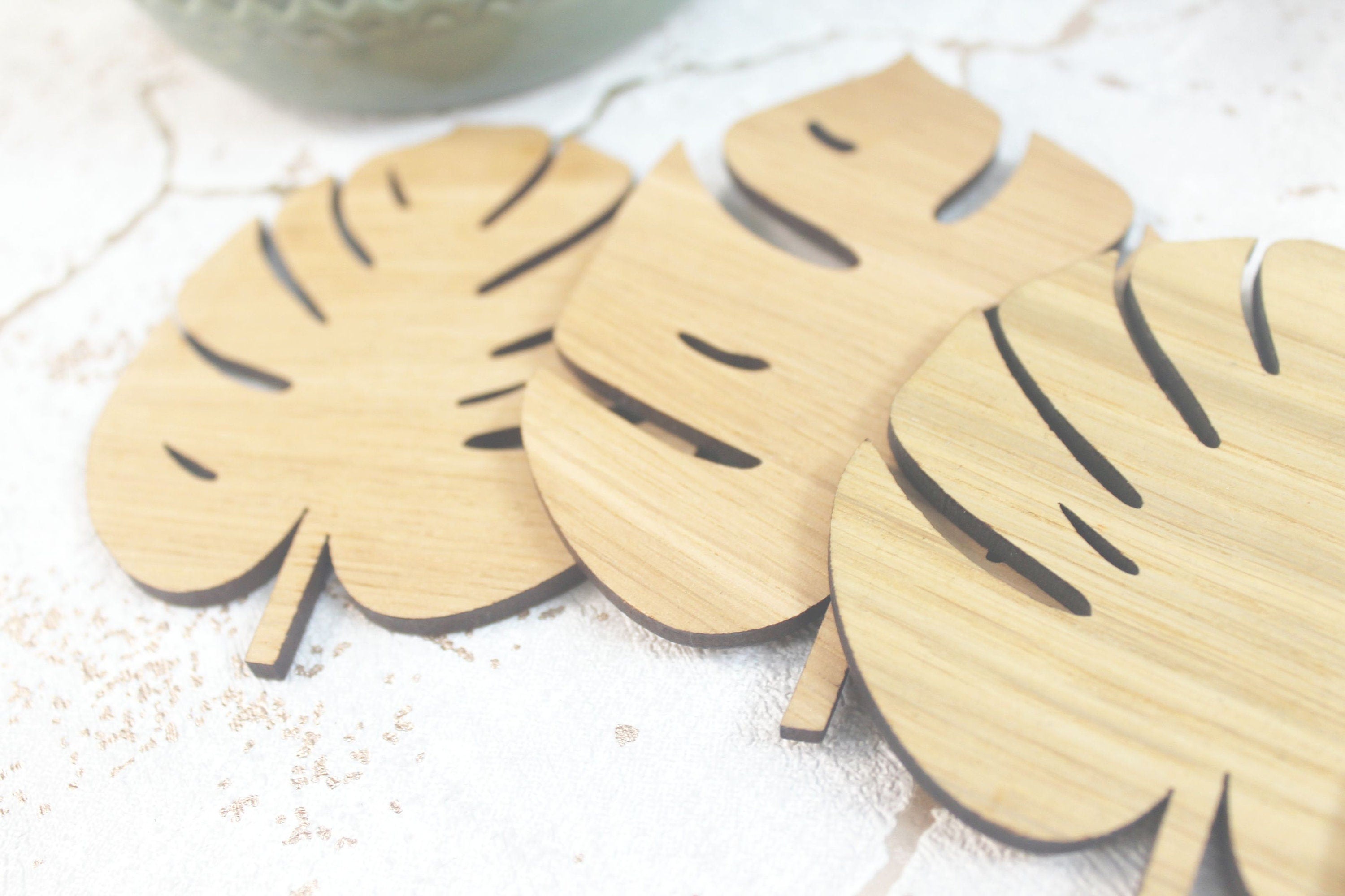 Monstera Leaf, Palm Leaf Style Natural Pattern Laser Cut Coasters Set of 4