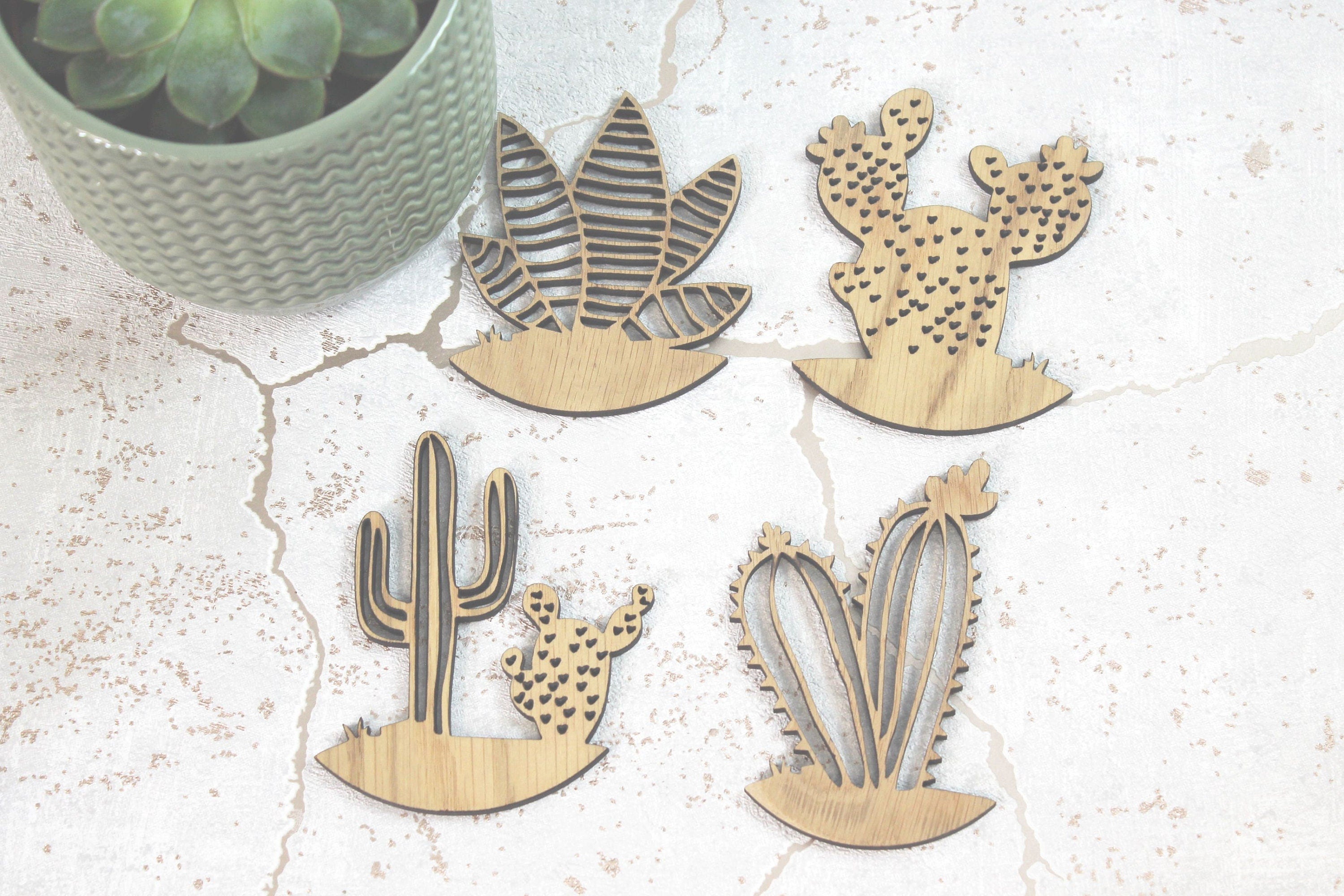 Cacti Coasters Set of 4 Cactus Laser Cut Oak Wood Coasters