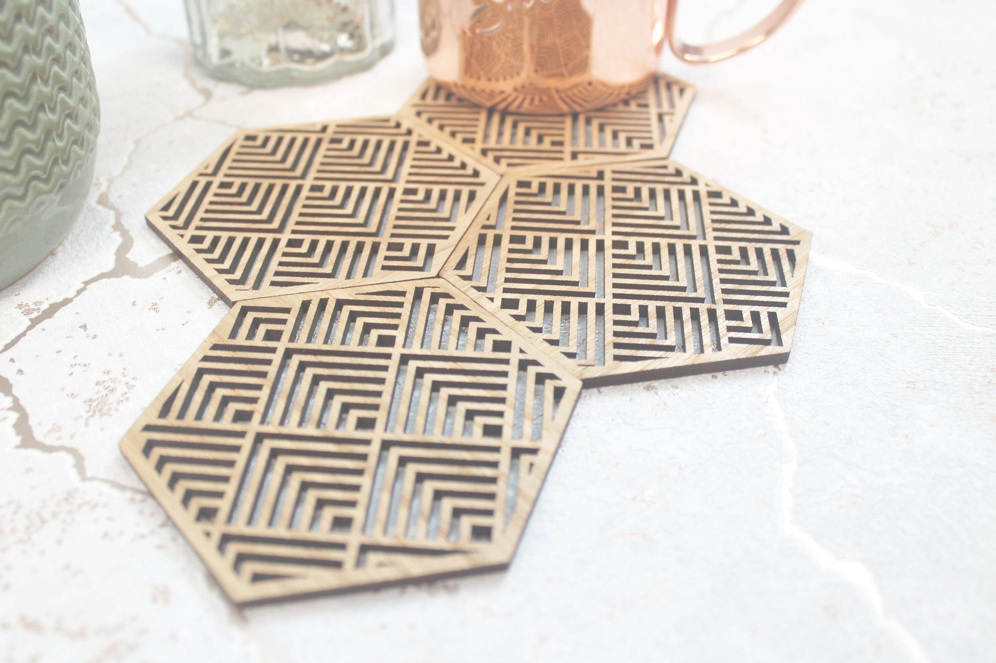 Buena Mexican Geometric Coasters Set of 4 Laser Cut Oak Wood