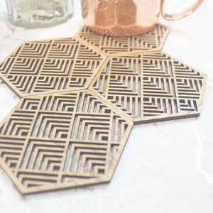 Buena Mexican Geometric Coasters Set of 4 Laser Cut Oak Wood