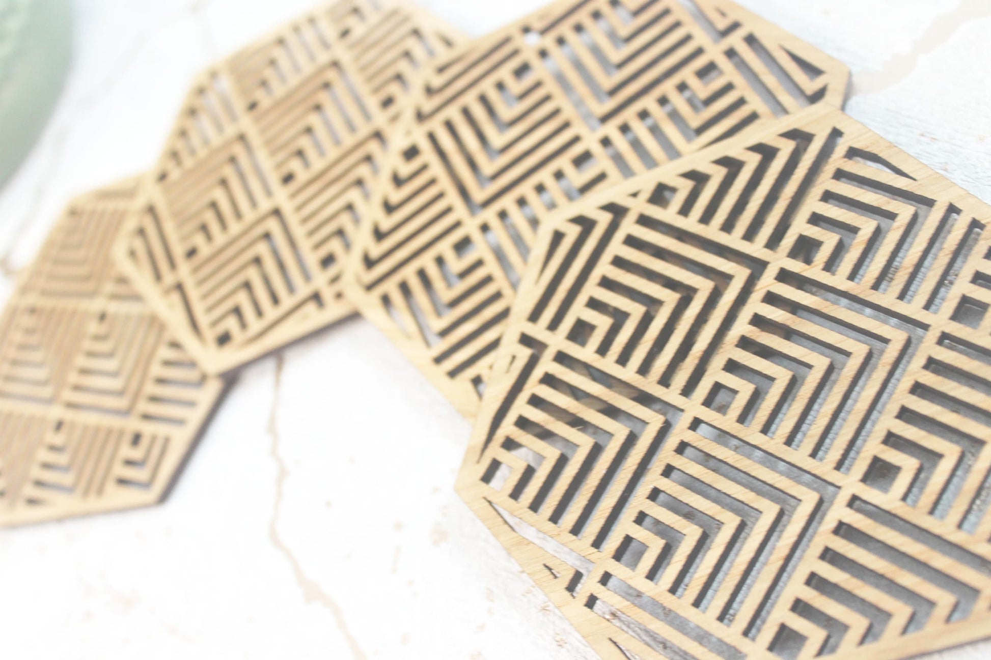 Buena Mexican Geometric Coasters Set of 4 Laser Cut Oak Wood