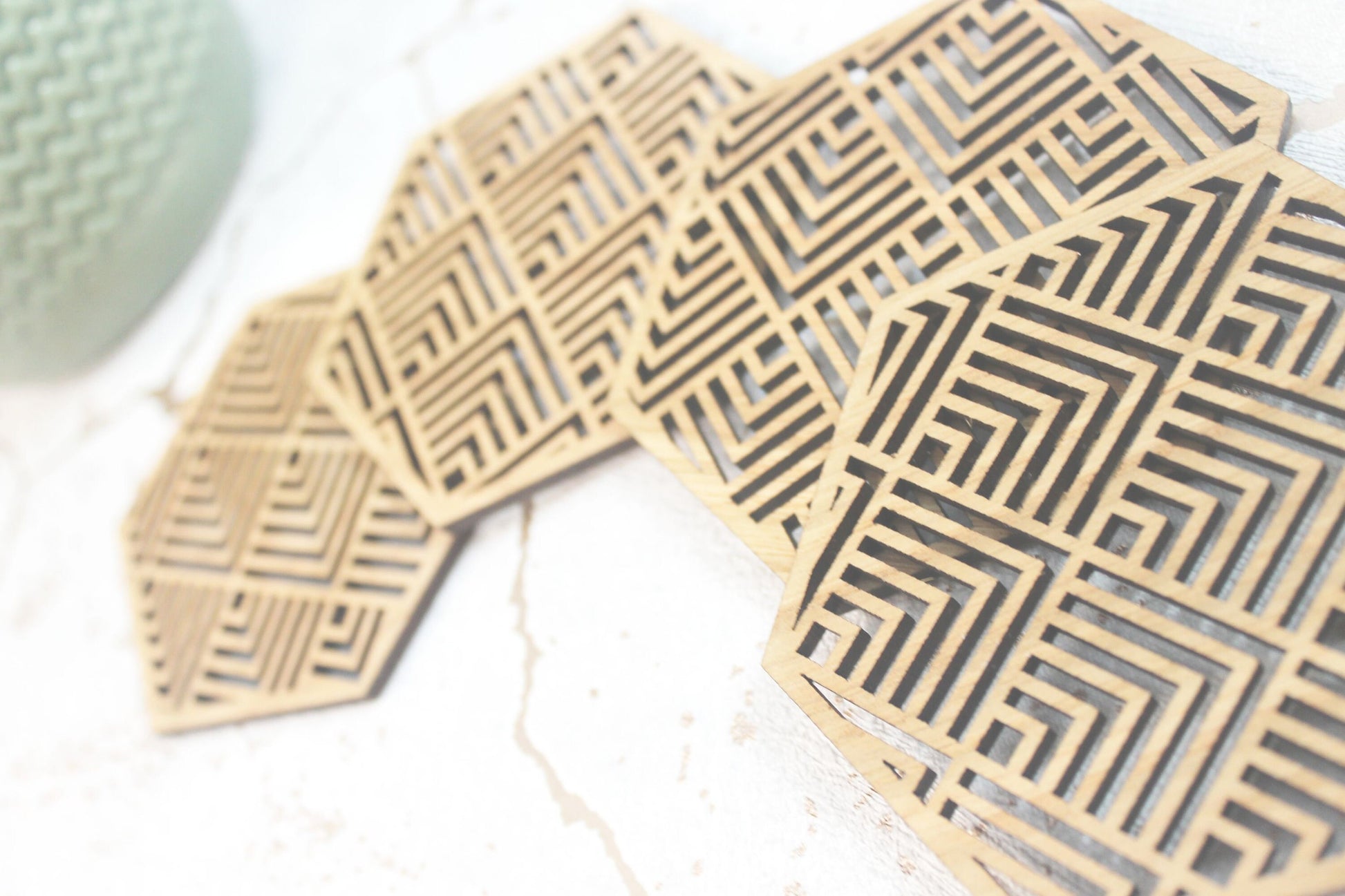 Buena Mexican Geometric Coasters Set of 4 Laser Cut Oak Wood