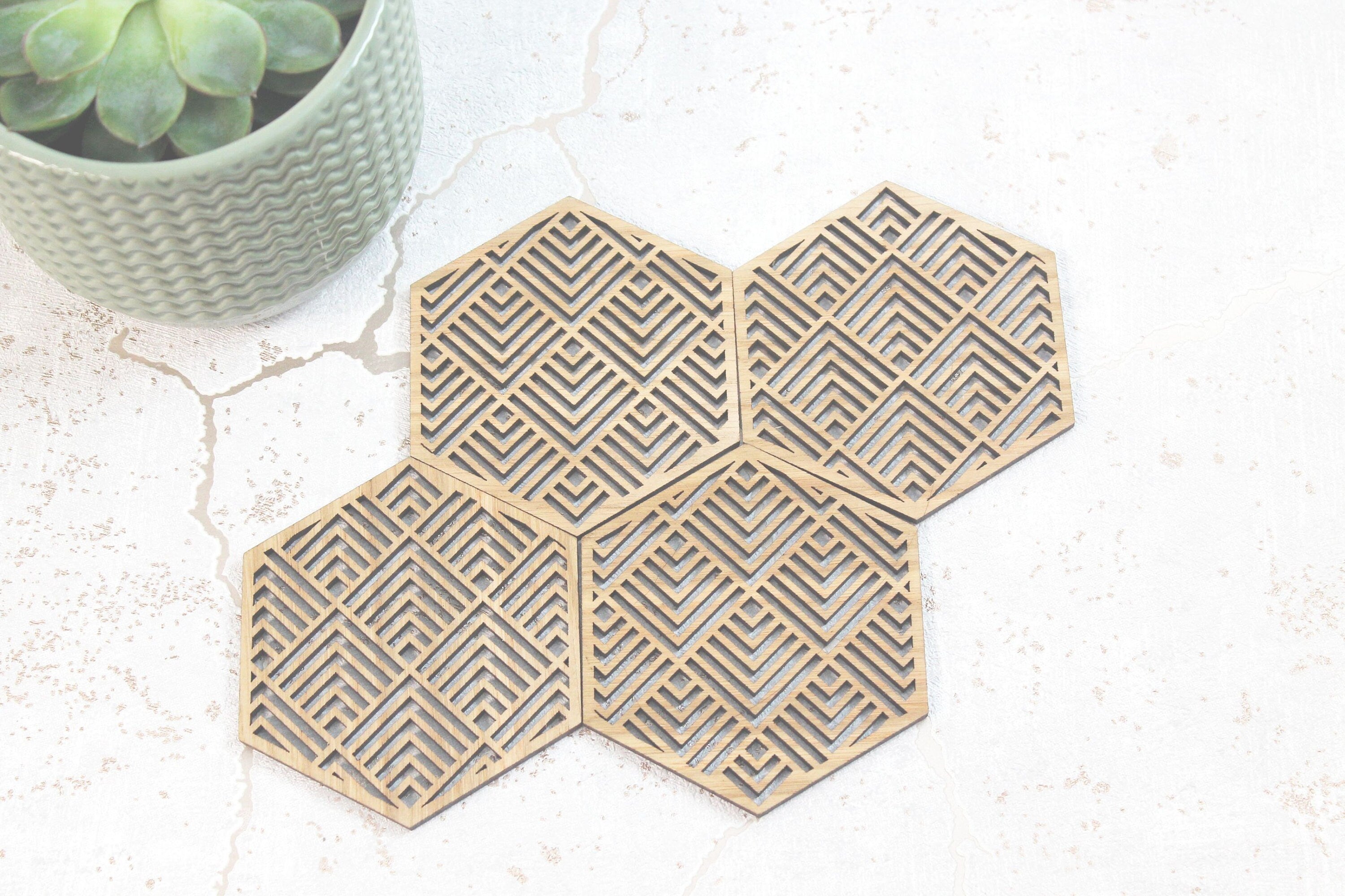 Buena Mexican Geometric Coasters Set of 4 Laser Cut Oak Wood