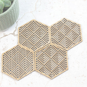 Buena Mexican Geometric Coasters Set of 4 Laser Cut Oak Wood