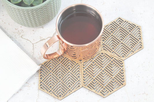 Buena Mexican Geometric Coasters Set of 4 Laser Cut Oak Wood