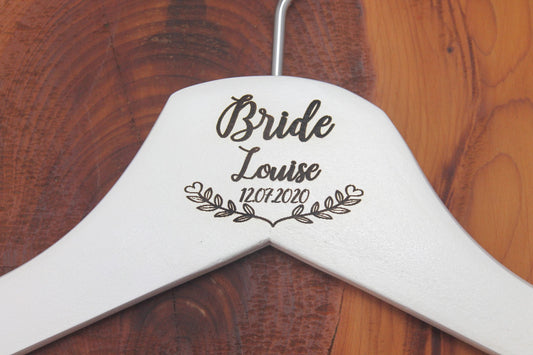 Personalised Bridal Wedding Hanger in Wood or White - Hanger Engraved Wedding Gift Bride, Bridesmaids and more - Floral Banner