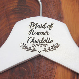 Personalised Bridal Wedding Hanger in Wood or White - Hanger Engraved Wedding Gift Bride, Bridesmaids and more - Floral Banner