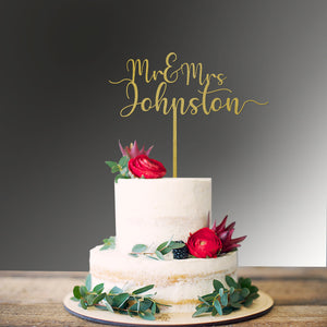 Cake Topper Mr and Mrs with Date Engagement Script Font Swirl at Ends Wedding Custom Personalised