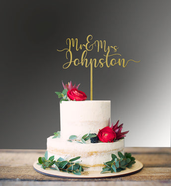 Cake Topper Mr and Mrs with Date Engagement Script Font Swirl at Ends Wedding Custom Personalised