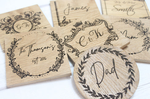 Personalised Engraved Oak Coasters Solid Scottish Oak Thick Chunky Coaster Set