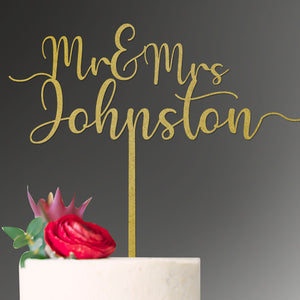 Cake Topper Mr and Mrs with Date Engagement Script Font Swirl at Ends Wedding Custom Personalised