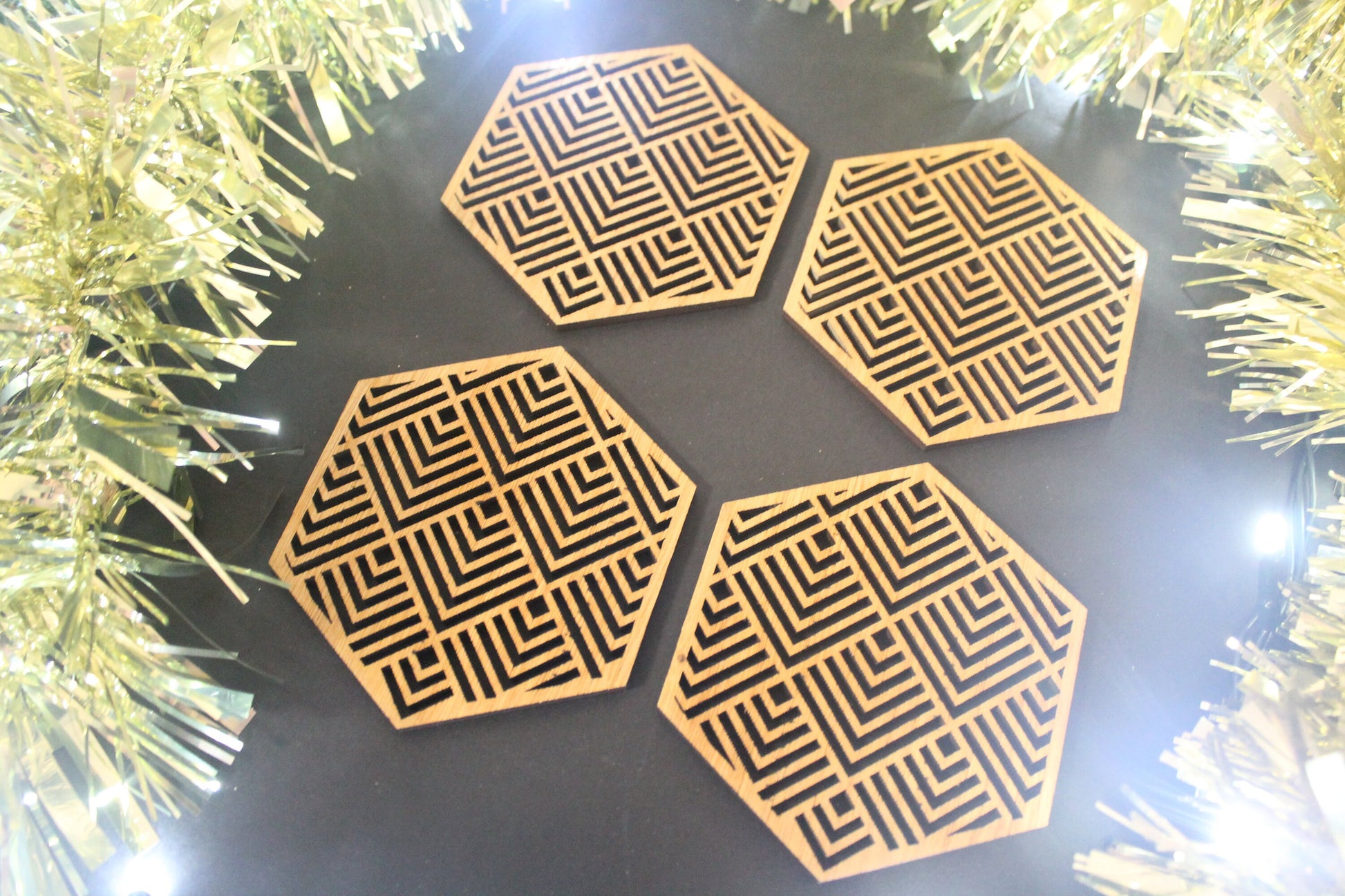Christmas Tree Decoration Geometry Lines Mexican Art Inspired Laser Cut Set of 4
