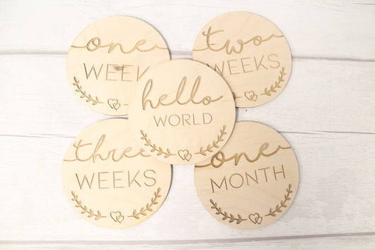 Baby's First Weeks New Baby Milestone Cards Set of 5 - Hello World  - New Baby Photo Prop - Parent To Be or Baby Shower Gift