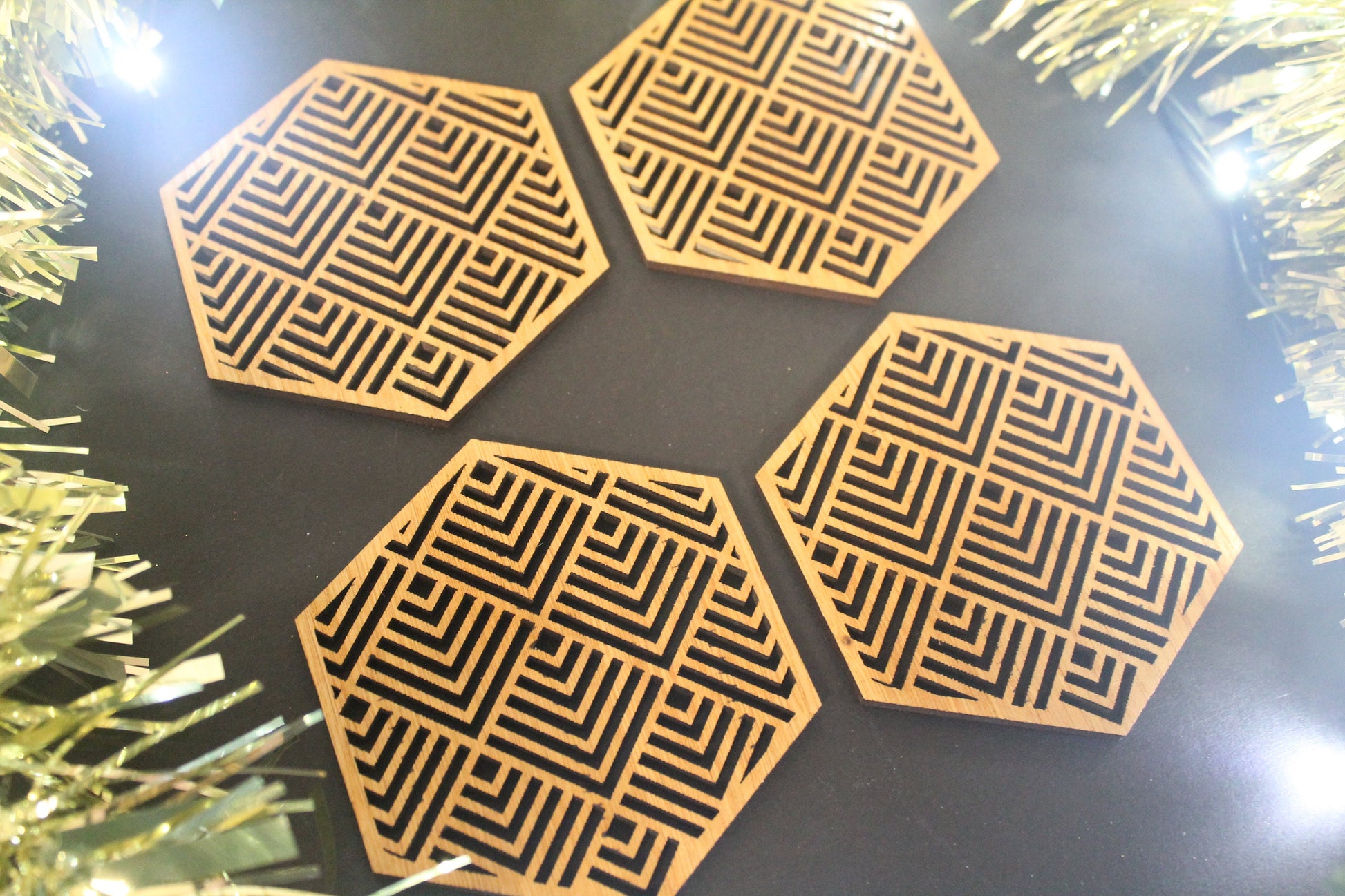Christmas Tree Decoration Geometry Lines Laser Cut Set of 4