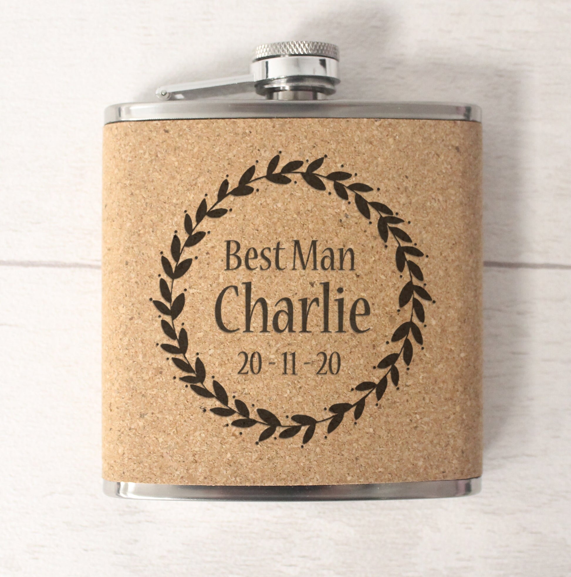 Personalised Hip Flask - Best Man Groomsman Groom Gift - Father’s Day – Christmas Gift – Wedding Favour - 6oz - Cork