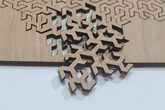 Wood Grain Brain Drain Puzzle - Hard Wood Jigsaw - Gosper Curve Fractal Puzzle