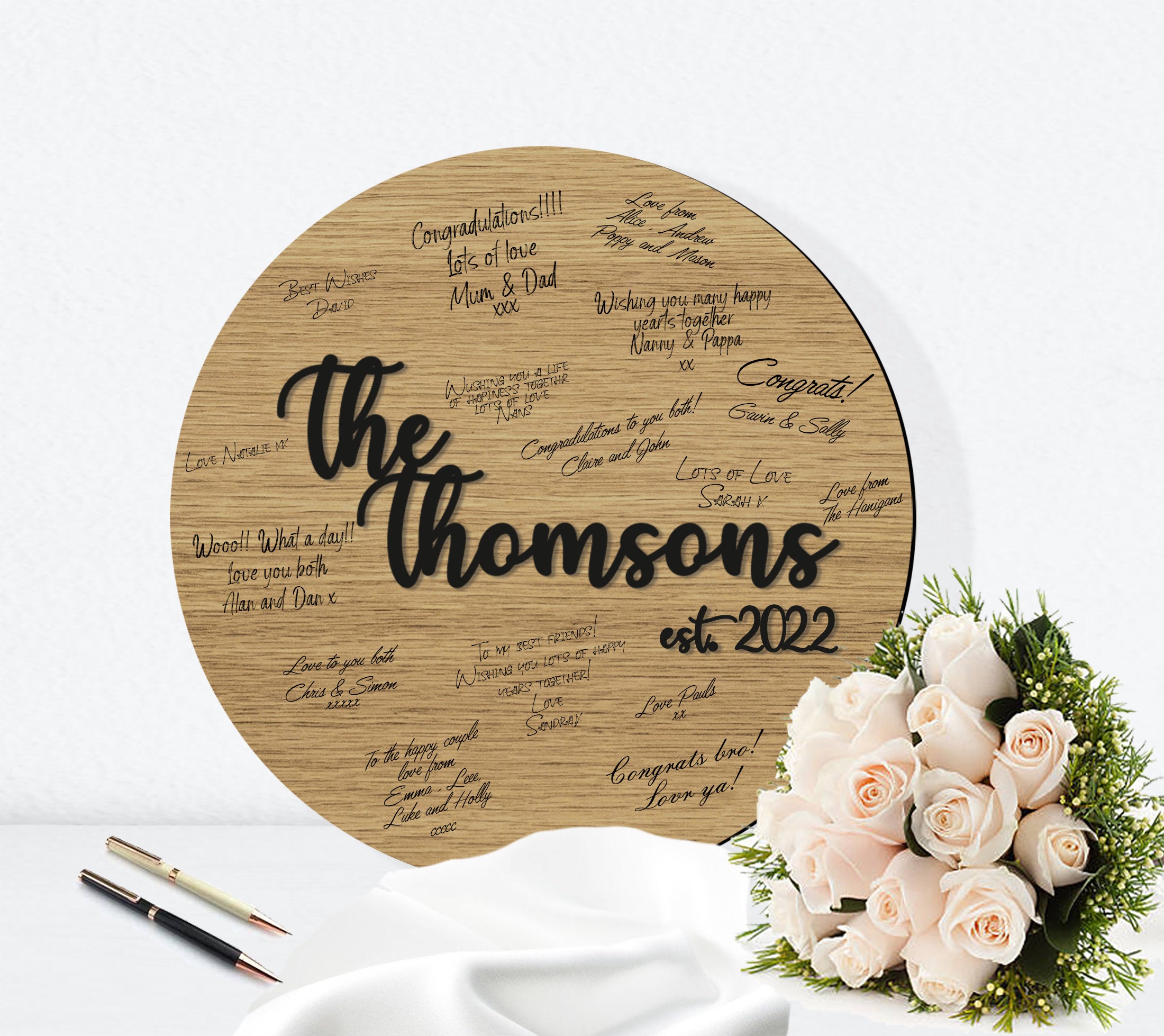 Circular Wood Wedding Guestbook Signing Board Round Alternative Guestbook - Modern Style