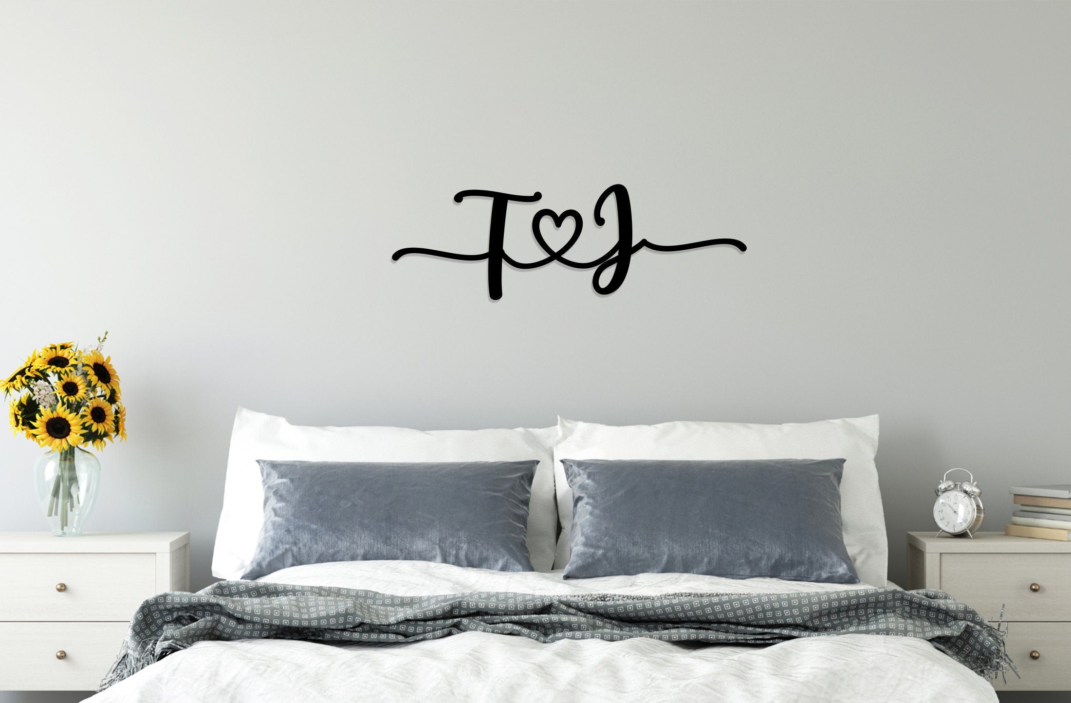 Initials Name Heart Wall Art - Couples Bedroom - Wooden Word Text Art - Art Gift - Ribbon Heart - Wedding Love Valentines Anniversary