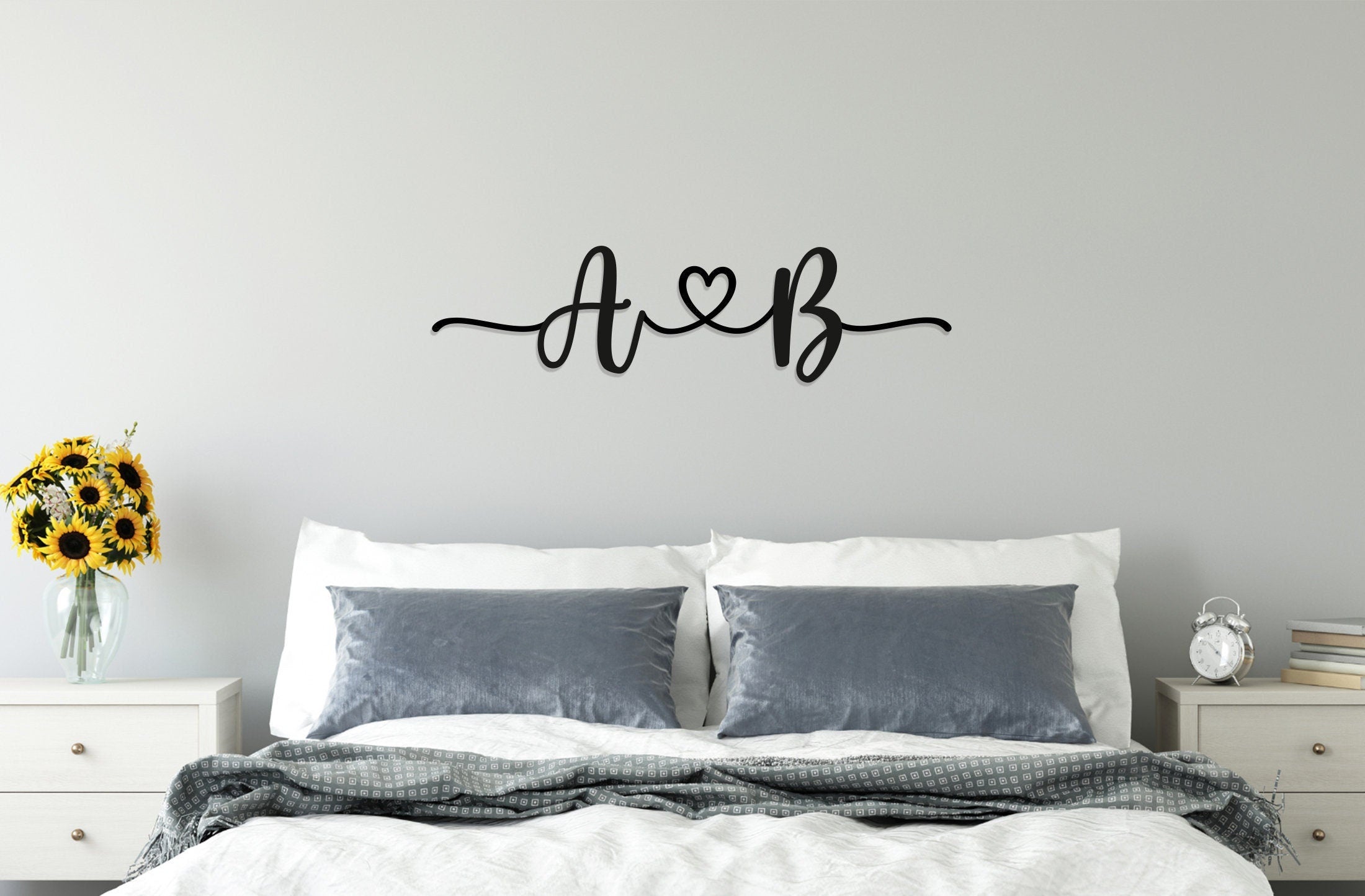 Initials Name Heart Wall Art - Couples Bedroom - Wooden Word Text Art - Art Gift - Ribbon Heart - Wedding Love Valentines Anniversary