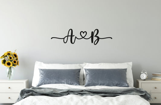 Initials Name Heart Wall Art - Couples Bedroom - Wooden Word Text Art - Art Gift - Ribbon Heart - Wedding Love Valentines Anniversary