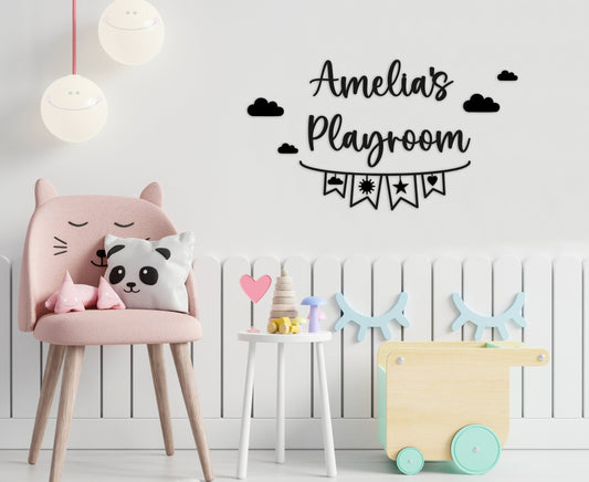 Playroom Sign Personalised - Childrens Bedroom - Wooden Word Text Art - Nursery Art Gift - Clouds and Arrow