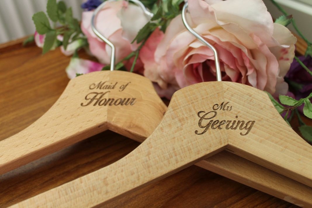 Wooden Wedding Dress Coat Hanger Engraved Custom Text - Beautiful Quality Personalised Wooden Wedding Dress Hanger.