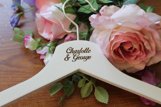 White Personalised Wedding Dress Hanger Wooden - Bridal Dress Coat Hanger Engraved Custom Text