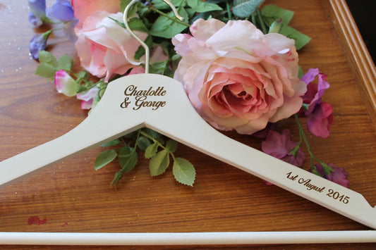 White Personalised Wedding Dress Hanger Wooden - Bridal Dress Coat Hanger Engraved Custom Text