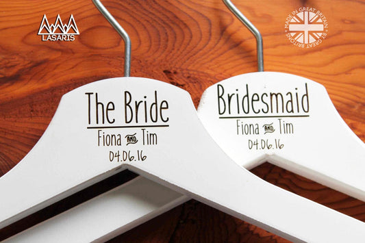 10 Personalised Bridal Wedding Hanger in Wood or White - Hanger Engraved Wedding Gift Bride, Bridesmaids and more. Line Split.