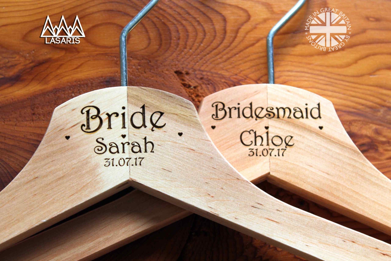 5 Personalised Bridesmaid Wedding Hanger in Wood or White - Hanger Engraved Wedding Gift Bride, Bridesmaids and more. Heart line.