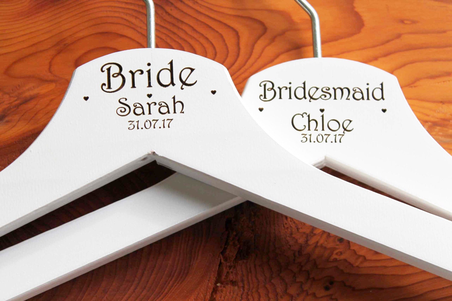 5 Personalised Bridesmaid Wedding Hanger in Wood or White - Hanger Engraved Wedding Gift Bride, Bridesmaids and more. Heart line.