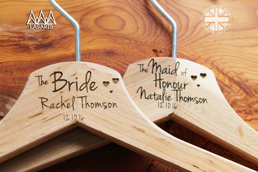 Personalised Bridal Wedding Hanger in Wood or White - Hanger Engraved Wedding Gift Bride, Bridesmaids and more - Hearts Style